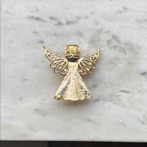 Gold and White Angel Brooch with Filigree Wings